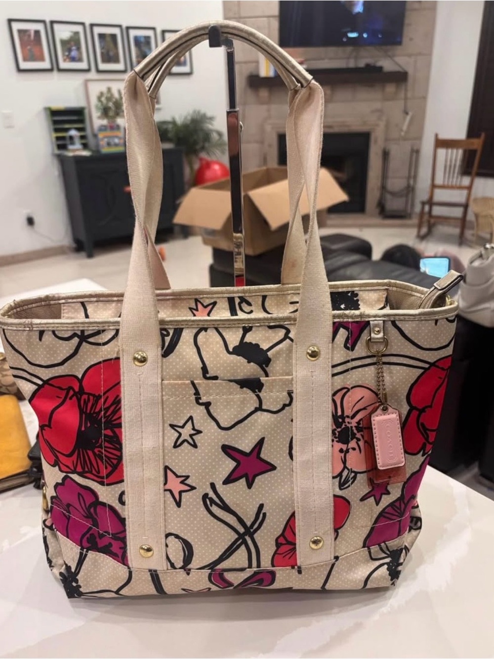 Coach Floral Canvas Tote in Beige, Pink & Red